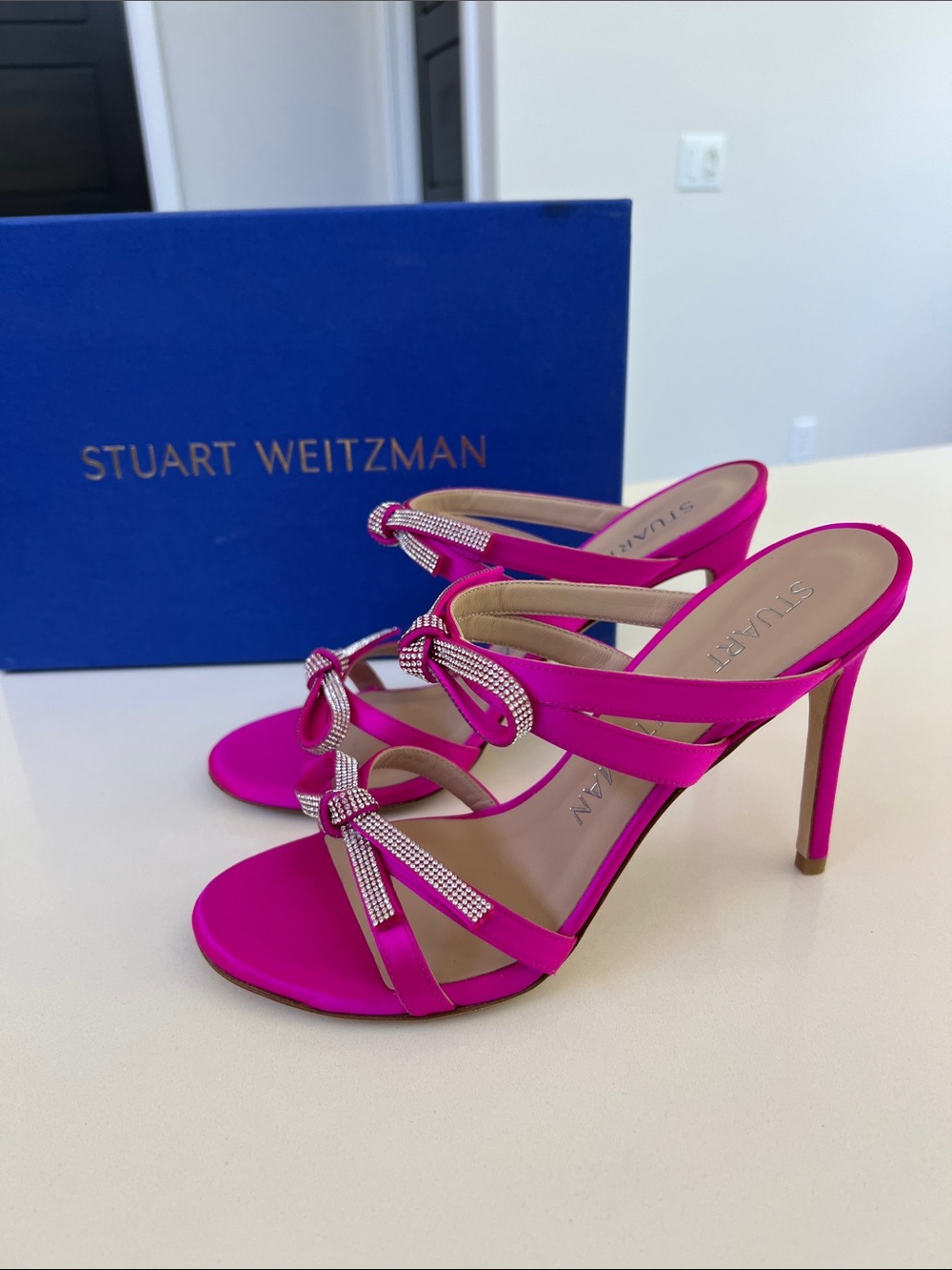 Stuart Weitzman bow 100 flamingo pink satin sparkly open toe slide sandals heels